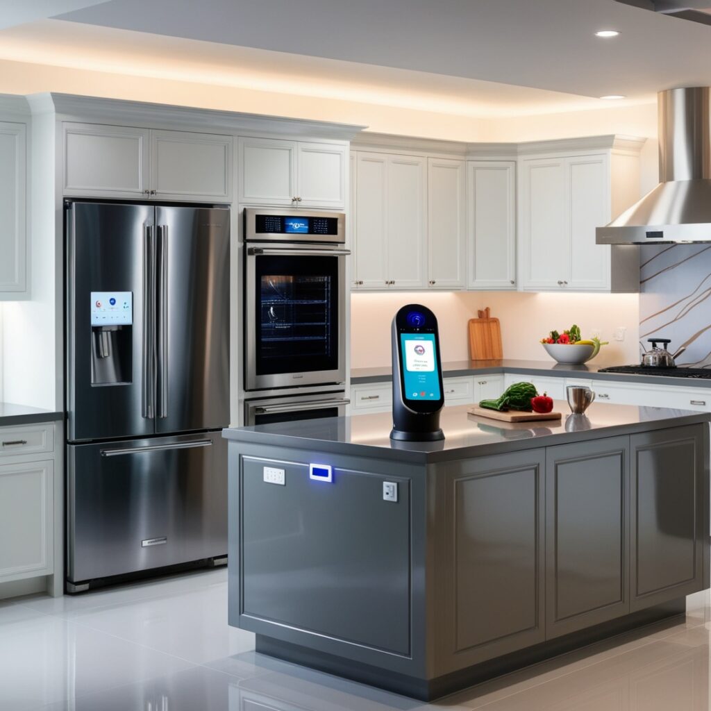 A modern kitchen filled with sleek and futuristic smart appliances, including a stainless steel refrigerator with a touchscreen display, a Wi-Fi enabled oven with a large window and digital interface, and a standalone smart coffee maker with a color touchscreen and built-in grinder, all positioned on polished gray countertops and surrounding a large island with built-in USB ports, against a bright white background with subtle wood grain accents, lit by soft overhead lighting and warm task lighting under the cabinets, with a few fresh vegetables and fruits on the countertops adding a pop of color.